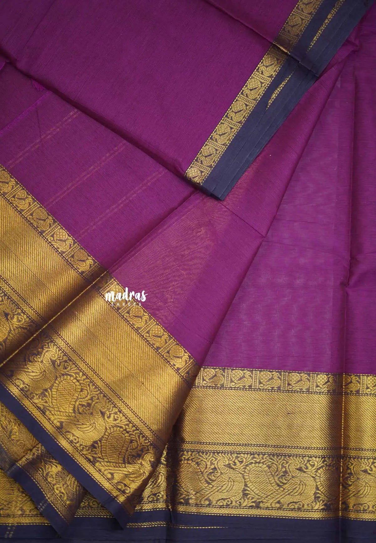 Karthigai silk cotton plain body big mayil border - Magenta