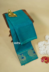 Teal Blue - Karthigai silk cotton plain body with peacock border