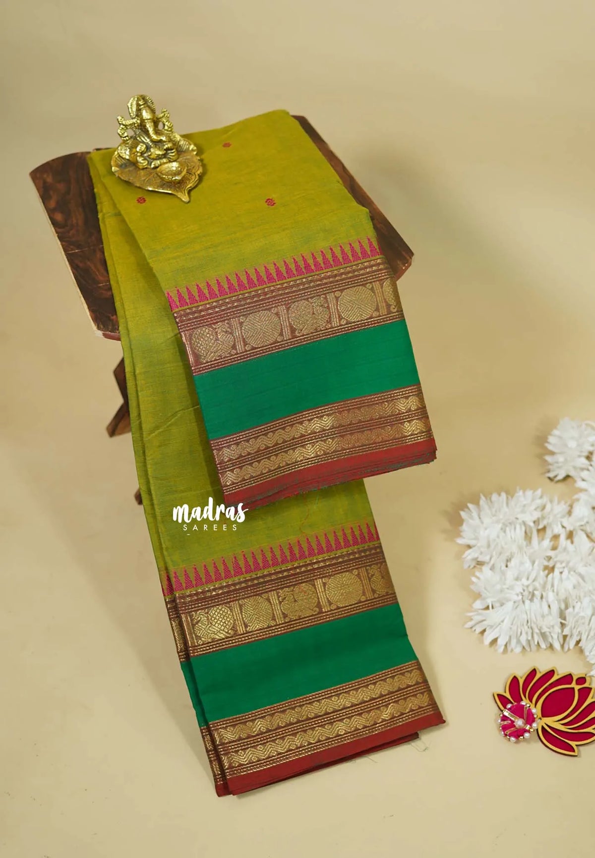 Mehndi Green - Karthigai silk cotton buttas annam small temple border