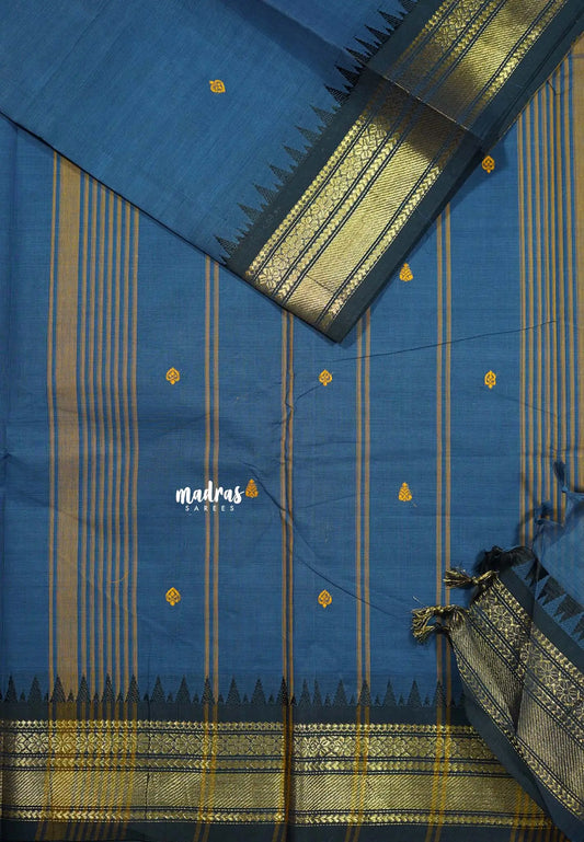 Greyish Blue - Karthigai silk cotton Flower Border with Buttas