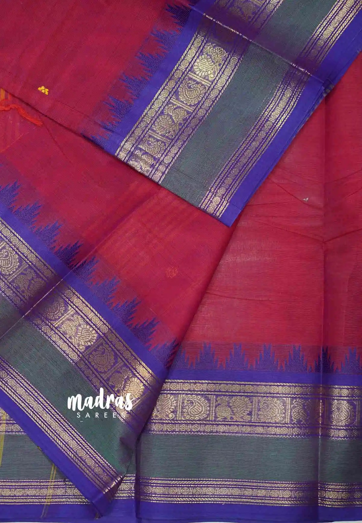 Karthigai silk cotton temple mayil mango border - Reddish Pink