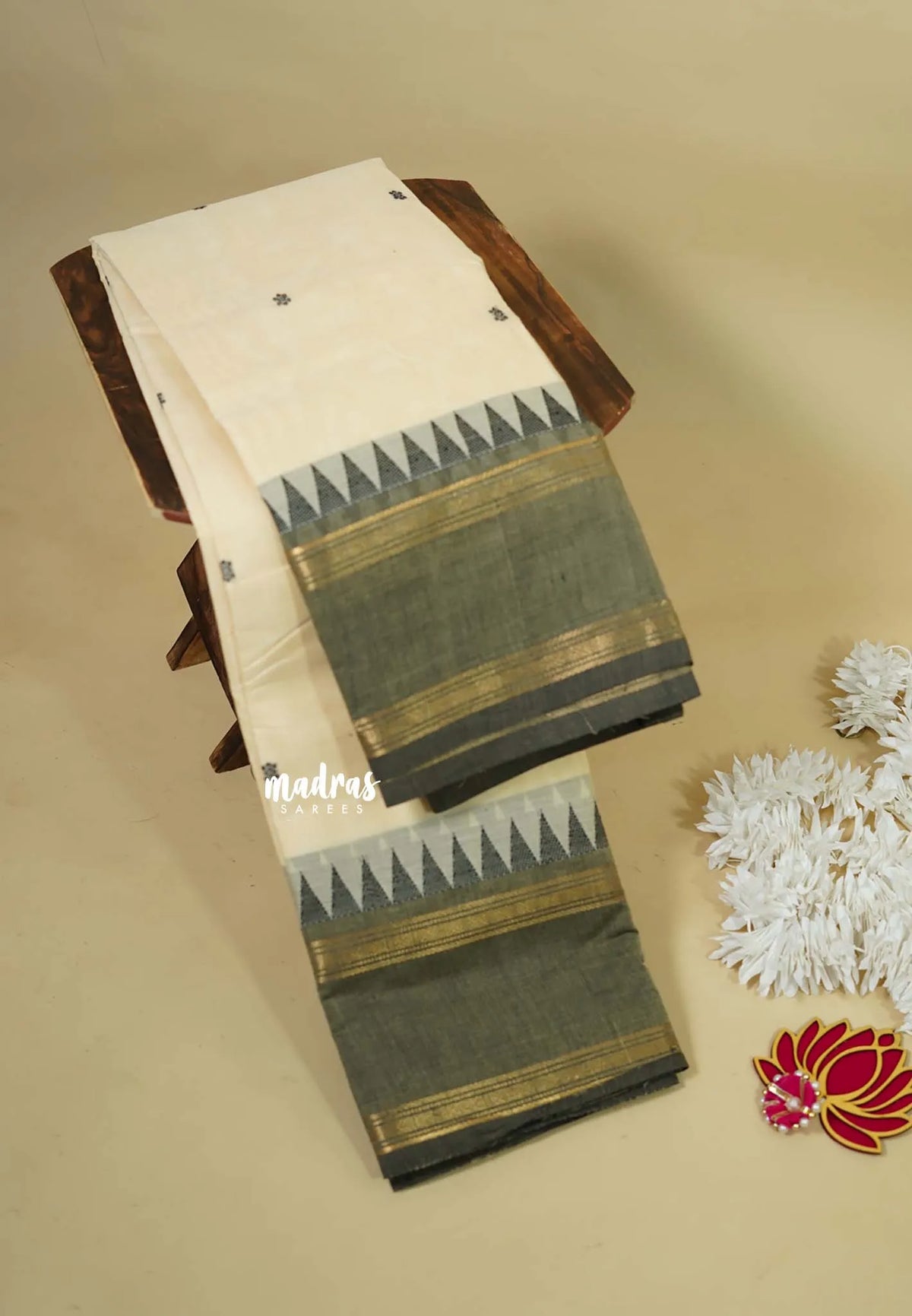 Beige Sandal - Karthigai silk cotton rettapet temple border with Buttas