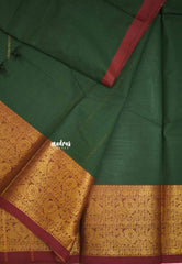 Karthigai silk cotton plain body big mayil border - Green