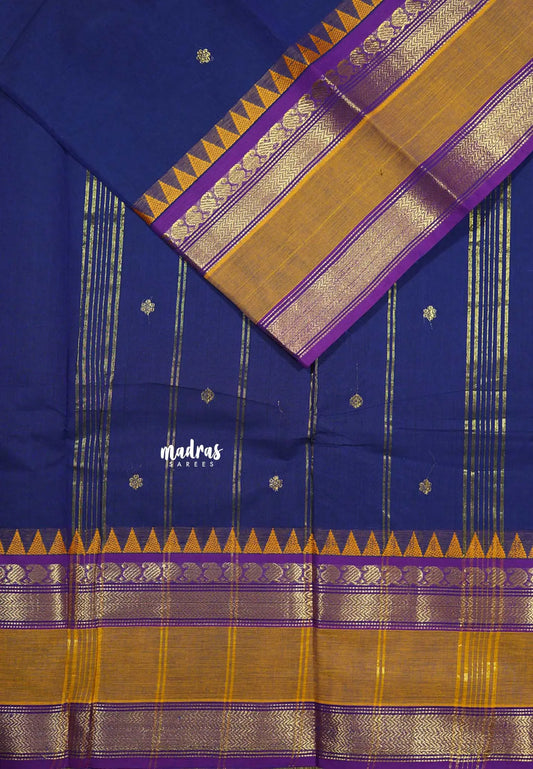 Navy Blue - Karthigai silk cotton Mango & Temple Multi Border with Buttas