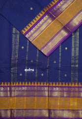 Navy Blue - Karthigai silk cotton Mango & Temple Multi Border with Buttas