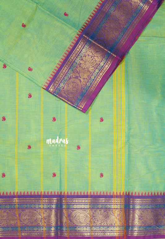 Dual shade Mild Green - Karthigai silk cotton temple sculpture border with Buttas