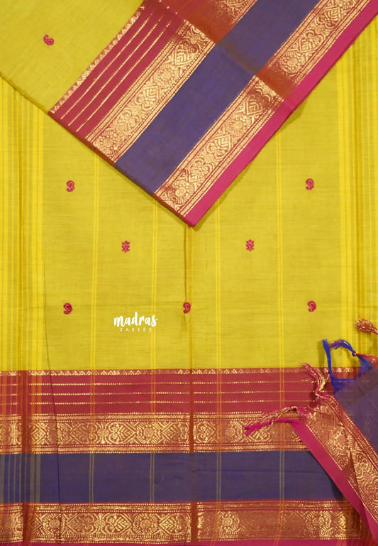 Greenish Yellow - Karthigai silk cotton Mango & Temple Multi Border with Buttas