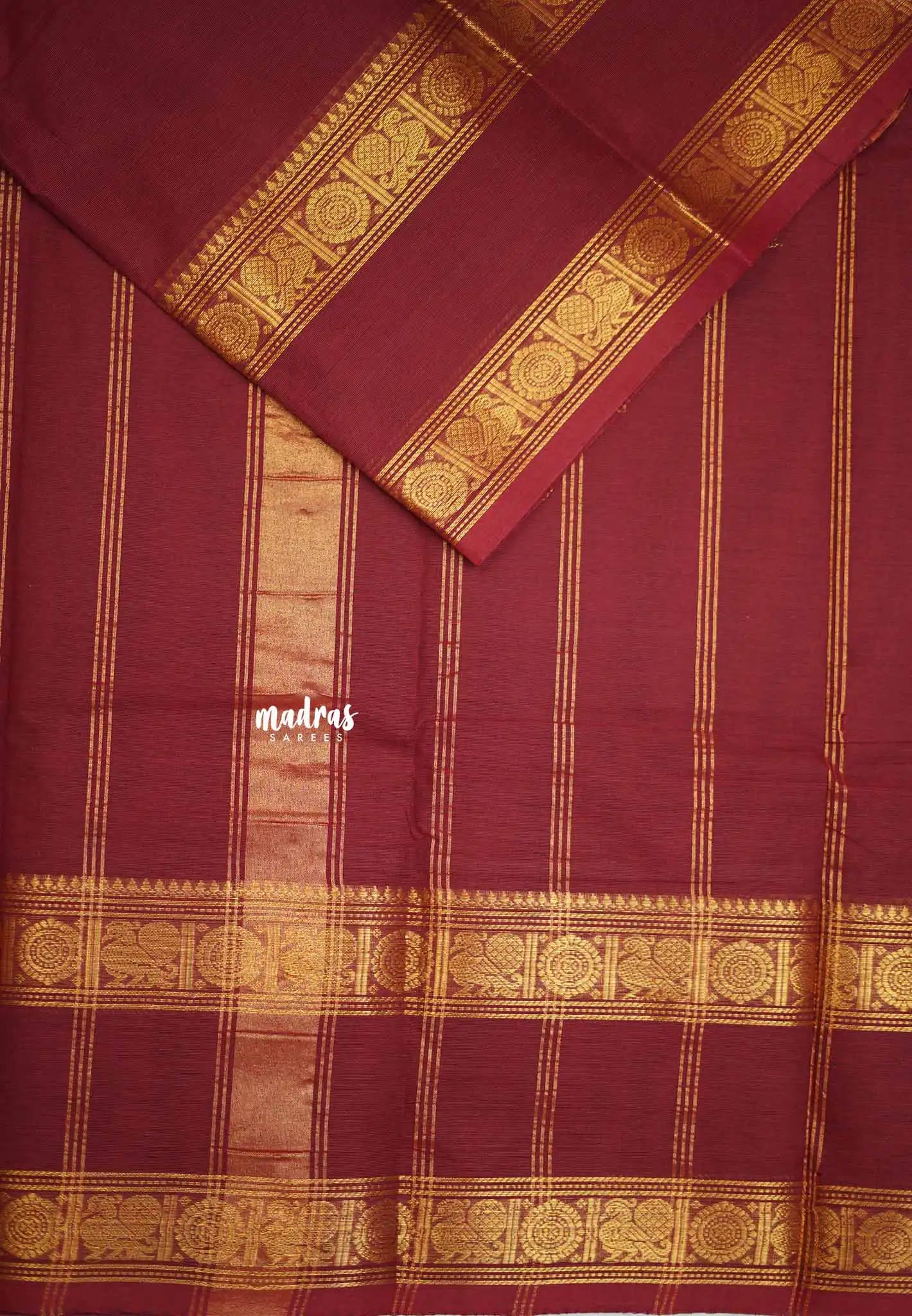 Karthigai silk cotton plain body rettapet border single color - Maroon red