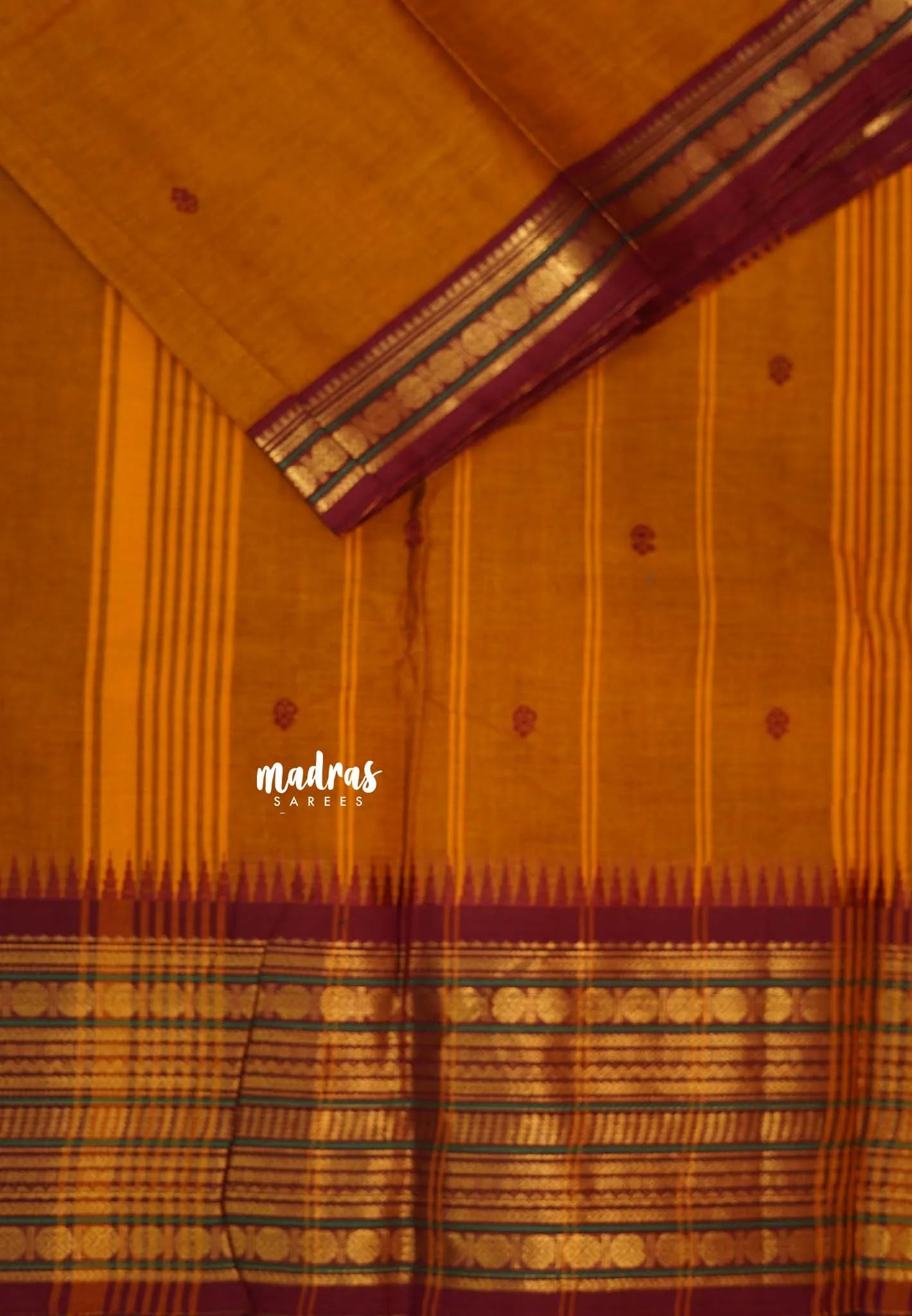 Mustard yellow - Karthigai silk cotton  Multi Border Rudraksham with buttas