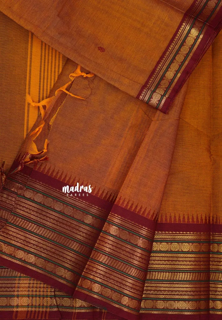 Mustard yellow - Karthigai silk cotton  Multi Border Rudraksham with buttas