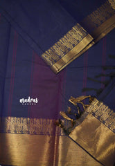 Karthigai silk cotton plain body with getti border - Navy blue - Madras Sarees 