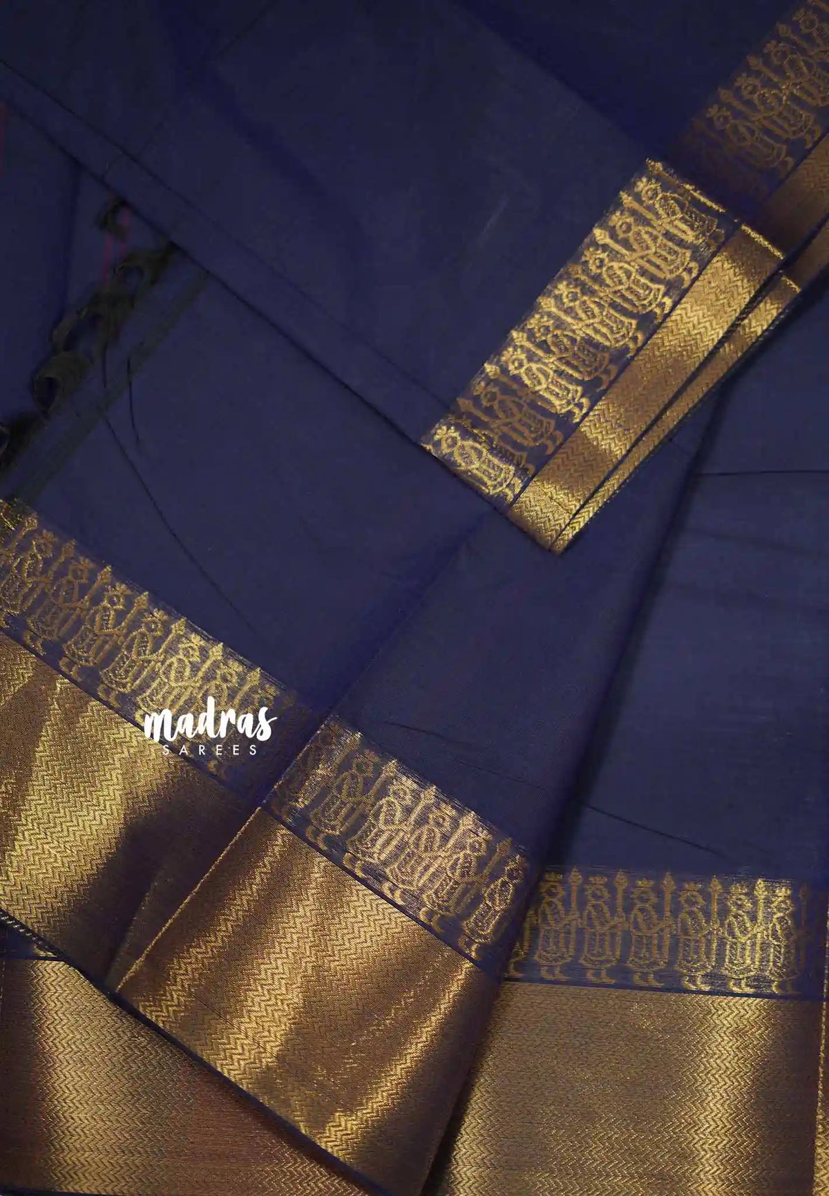 Karthigai silk cotton plain body with getti border - Navy blue - Madras Sarees 
