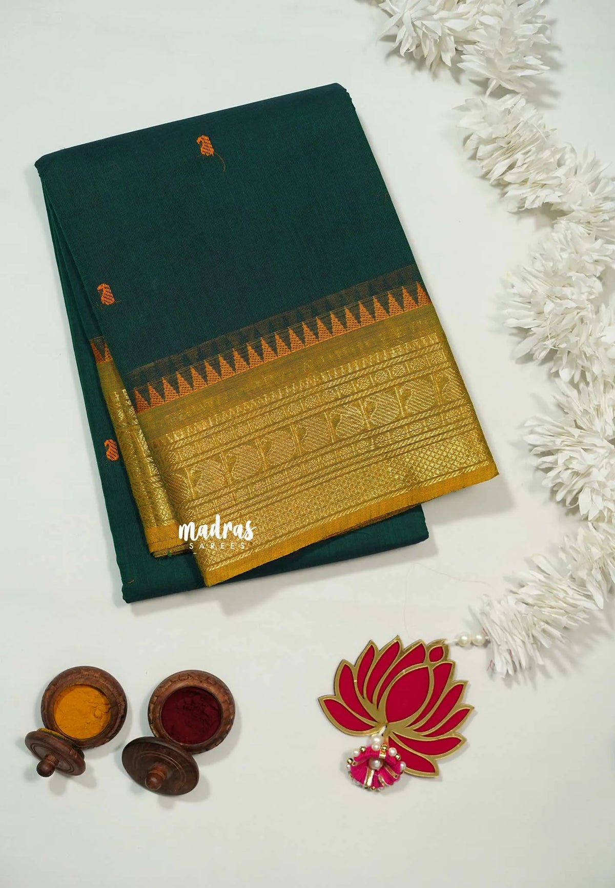 Dark Green - Karthigai silk cotton Saree Bavanji and Mango border with buttas - Best for Wedding Functions