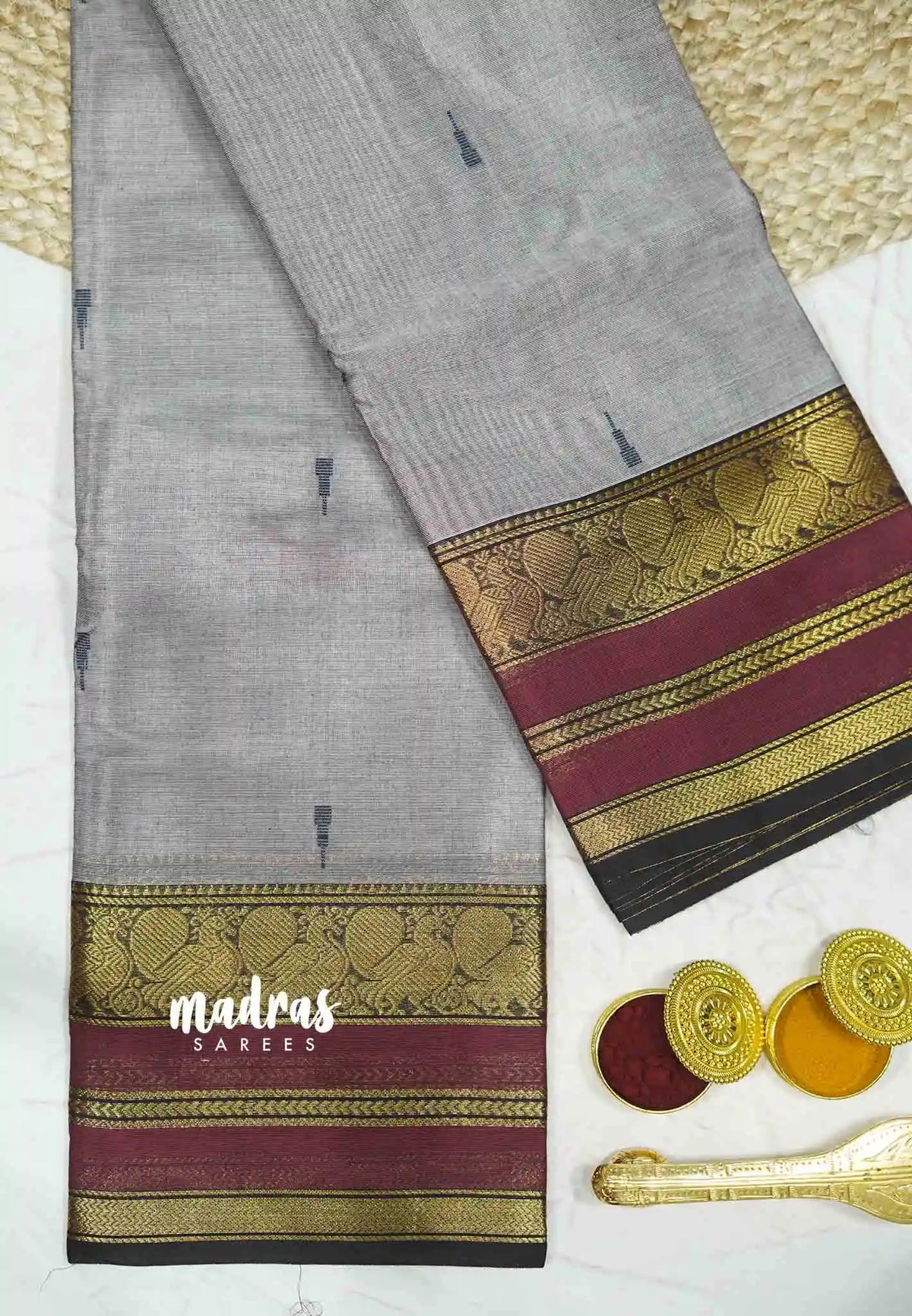 Karthigai silk cotton mayil border - Purple grey