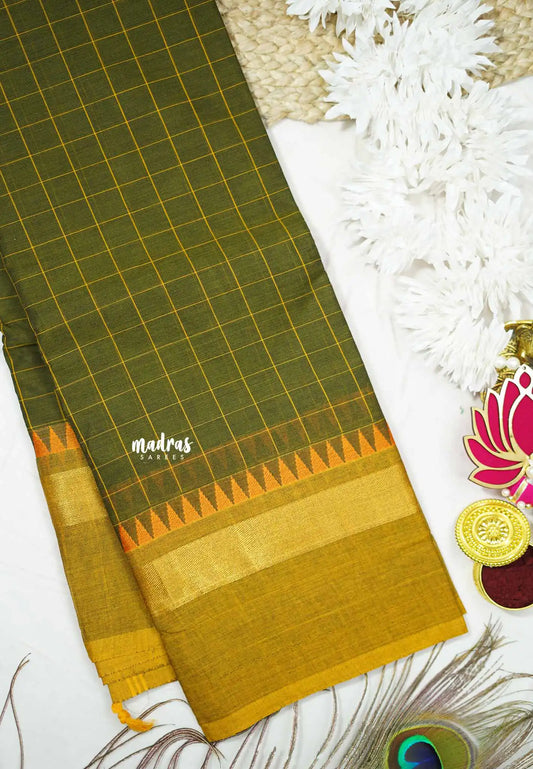 Karthigai silk cotton checks body - Mehendi green