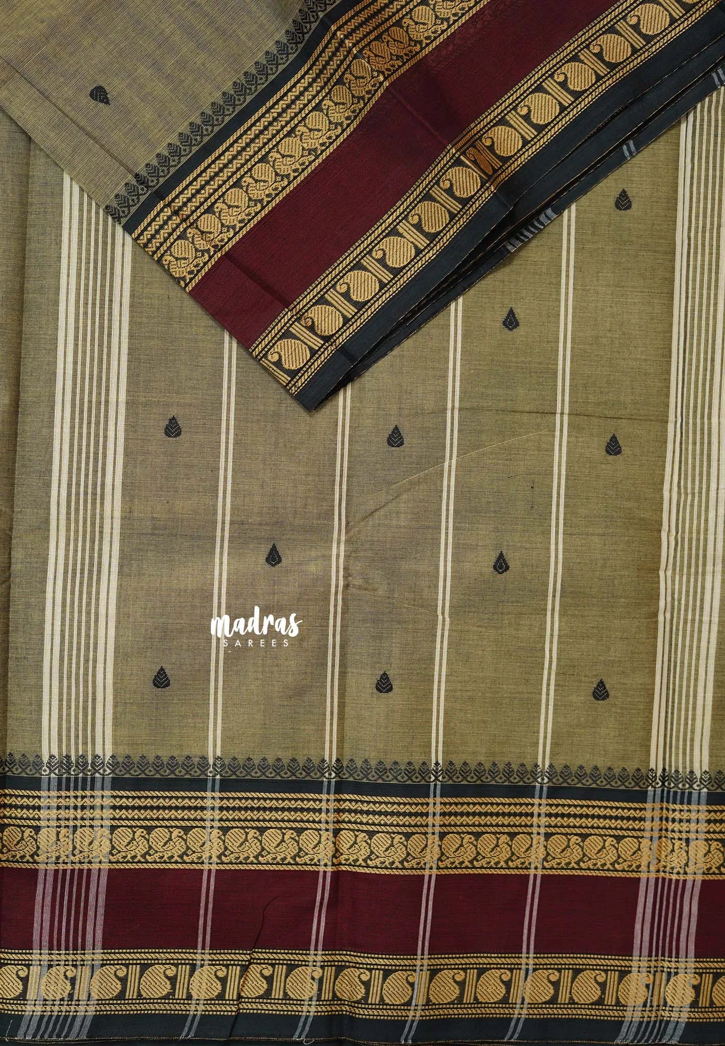 Brownish Grey - Karthigai silk cotton annam mango border with buttas