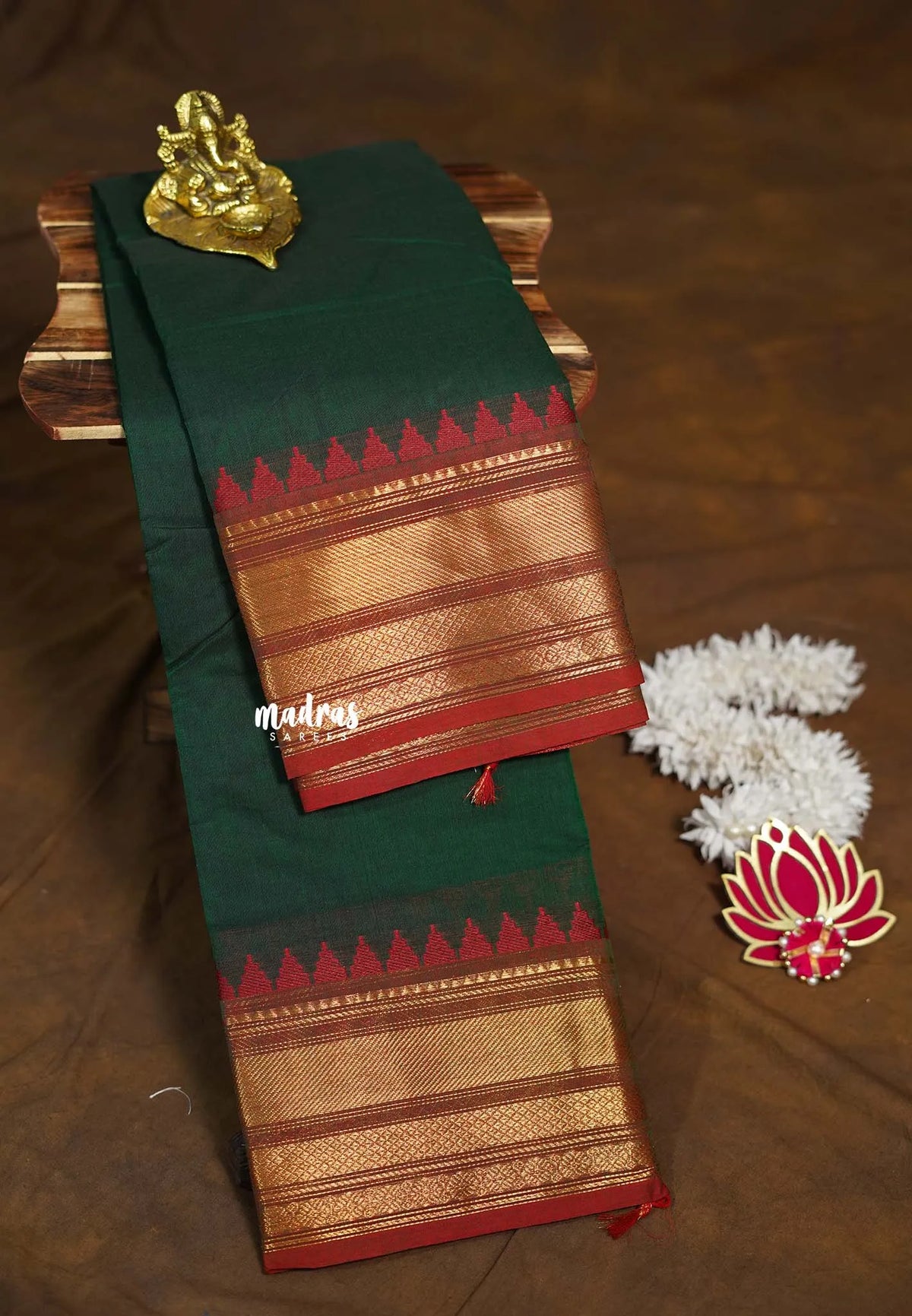 Deep Green - Karthigai Silk Cotton Bavanji with Temple Border - Best for Wedding Functions