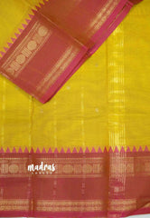 Karthigai silk cotton Rettapet rudraksham border - Yellow with pink