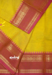 Karthigai silk cotton Rettapet rudraksham border - Yellow with pink