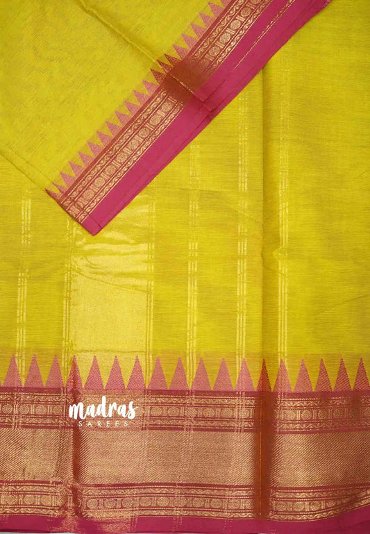 Karthigai silk cotton rettapet and temple border - yellow with pink