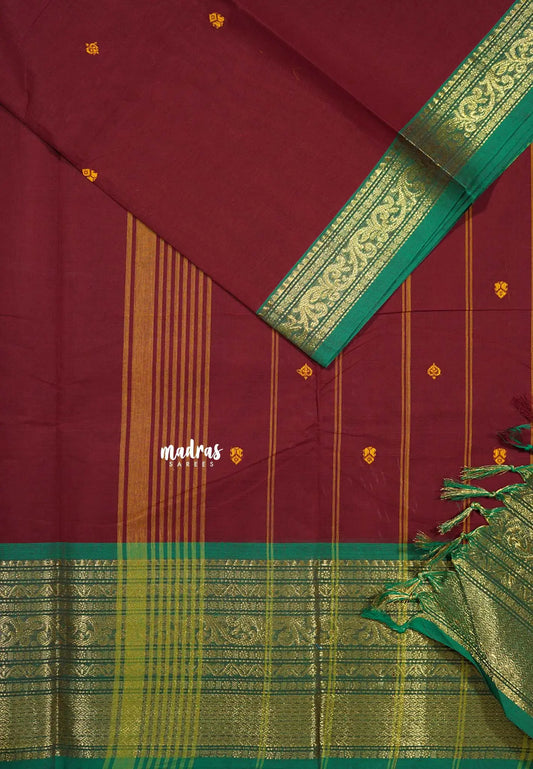 Maroon - Karthigai silk cotto big Bavanji gold border with buttas
