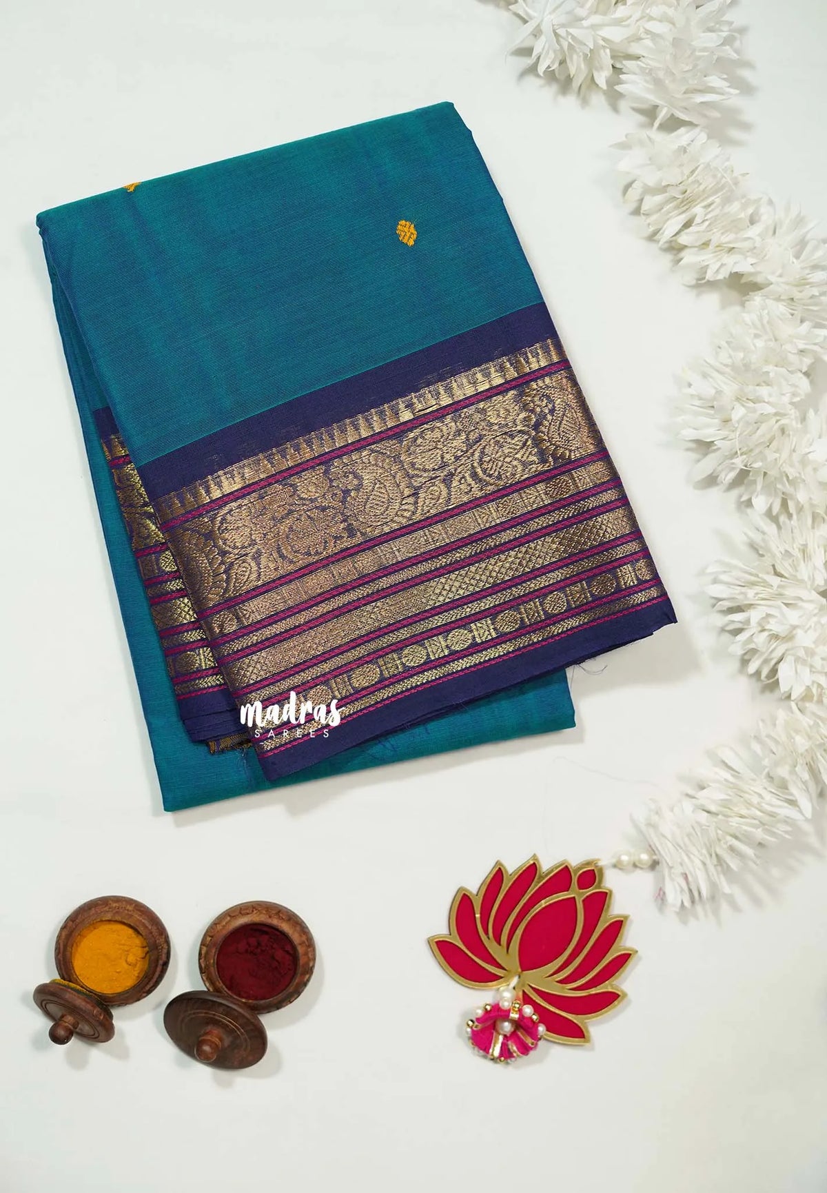 Teal Blue - Karthigai silk cotton buttas with mango and floral border - Best for Wedding Functions