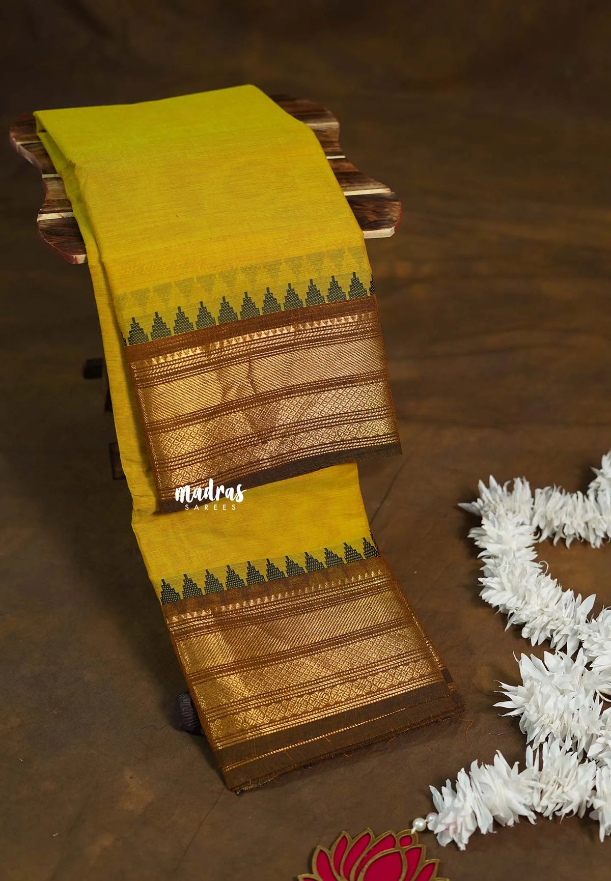 Dual Shade Yellowish Green - Karthigai Silk Cotton Bavanji with Temple Border - Best for Wedding Functions