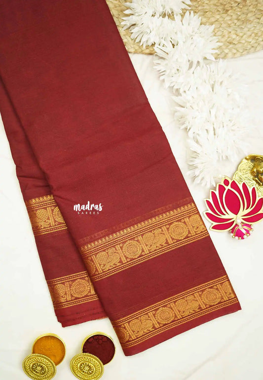 Karthigai silk cotton plain body rettapet border single color - Maroon red