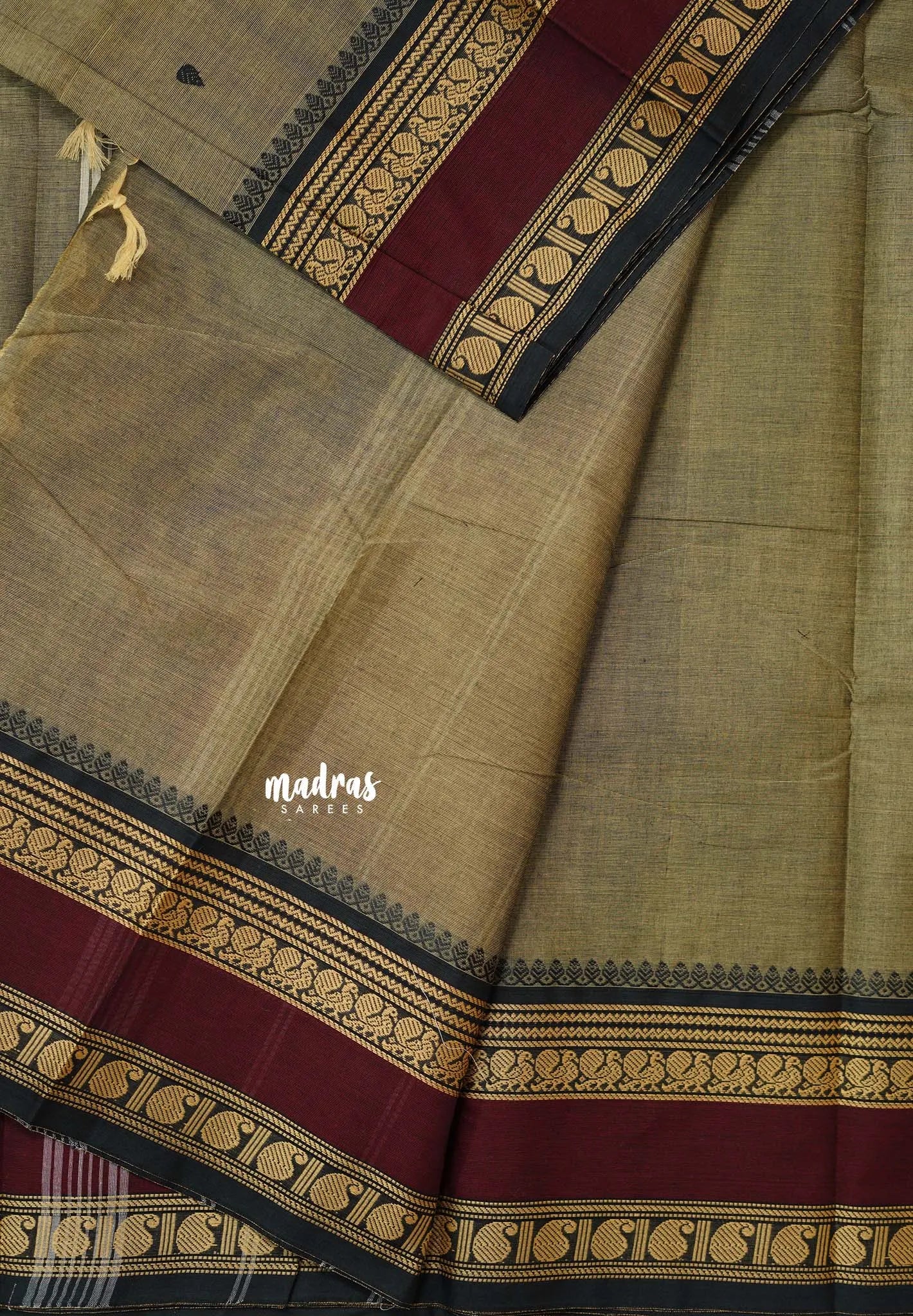 Brownish Grey - Karthigai silk cotton annam mango border with buttas