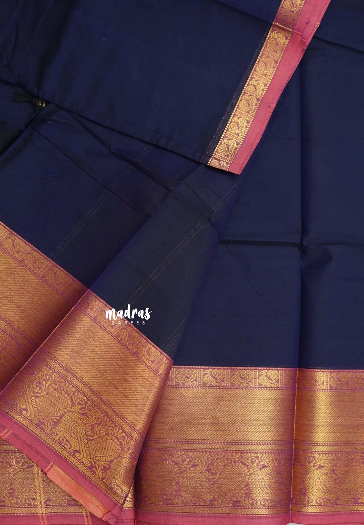 Midnight Blue - Karthigai silk cotton Getti Zari and Peacock Border