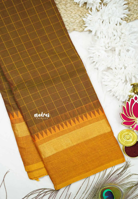 Karthigai silk cotton checks body - Greenish brown