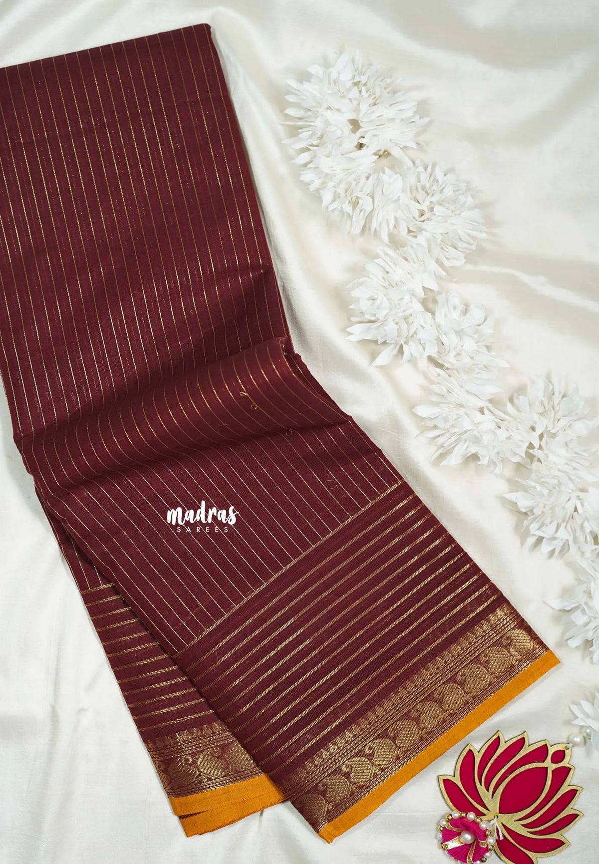 Araku Maroon - Karthigai silk cotton with golden stripes weaving - Best for Small Functions