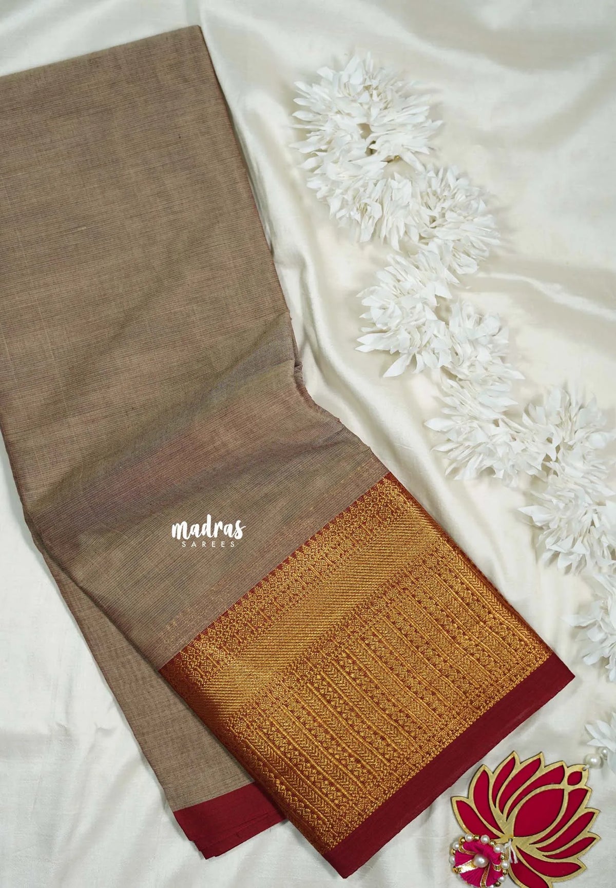 Pastel Brown - Karthigai silk cotton Plain Getti zari with Stripes in Border - Best for Small Functions