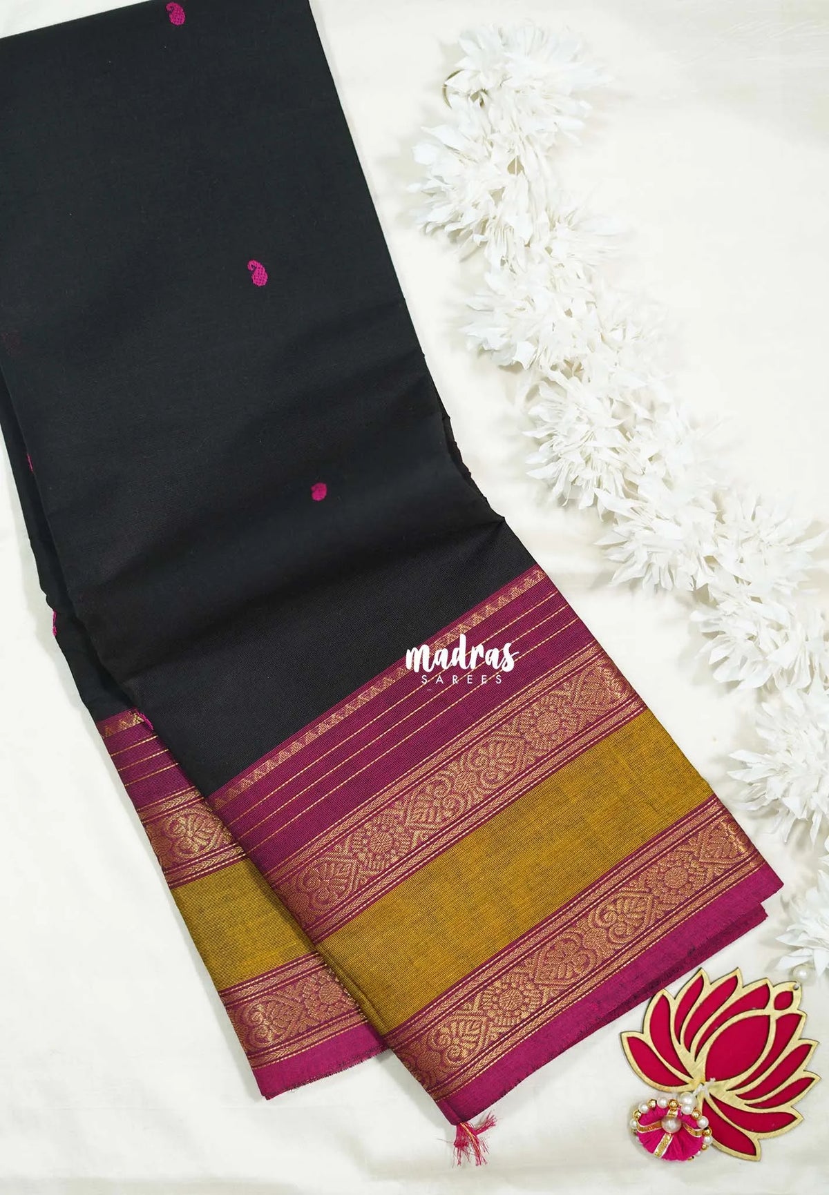 Jet Black - Karthigai Silk Cotton Buttas Rettapet Heart Border - Best for Wedding Functions