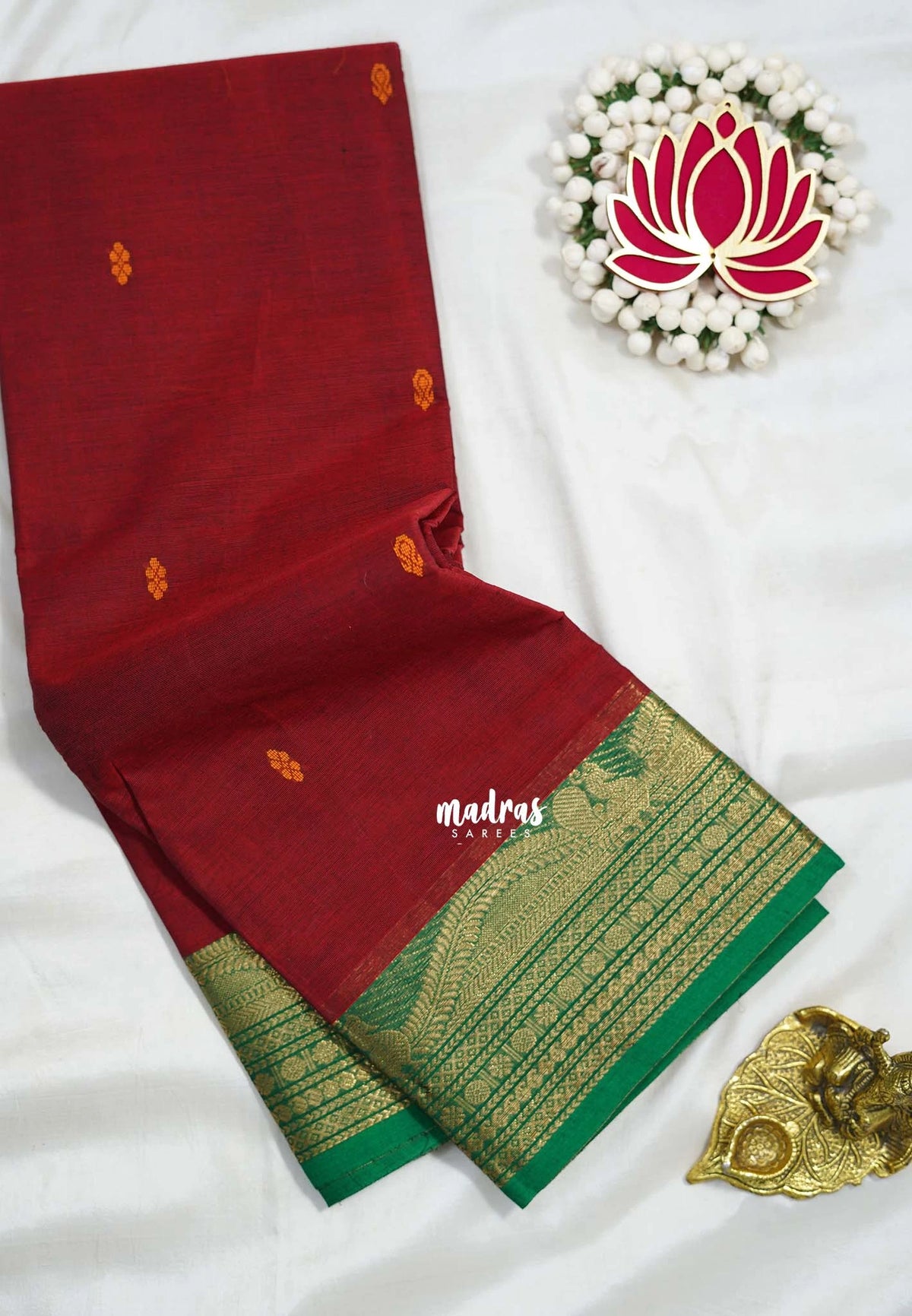 Reddish Maroon - Karthigai Silk Cotton Buttas with Rudraksham and Peacock Border - Best for Wedding Functions