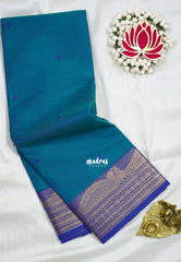 Teal Blue - Karthigai Silk Cotton Buttas with Rudraksham and Peacock Border - Best for Wedding Functions