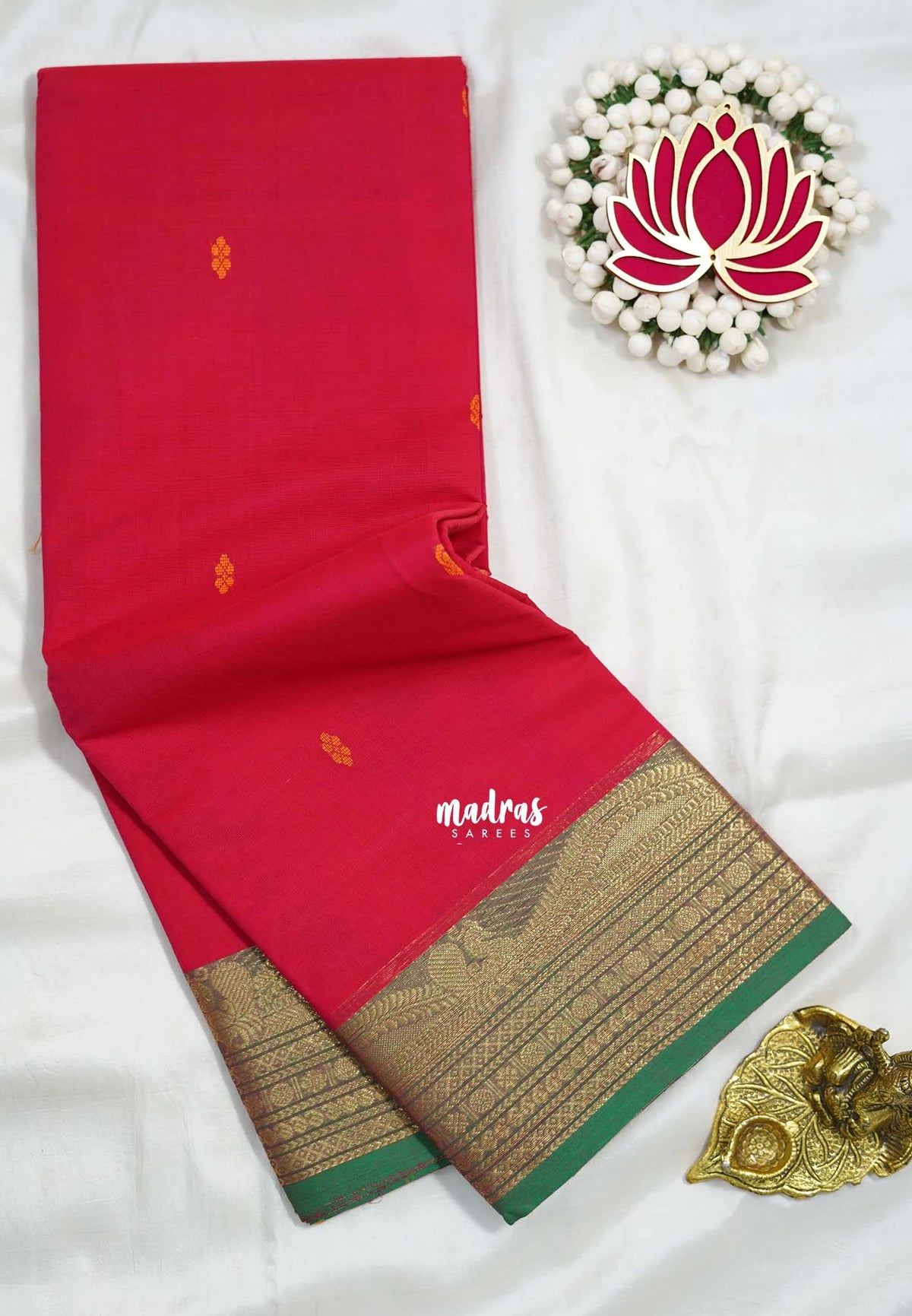 Bright Red - Karthigai Silk Cotton Buttas with Rudraksham and Peacock Border - Best for Wedding Functions