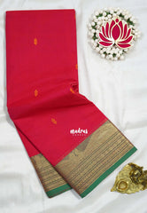 Bright Red - Karthigai Silk Cotton Buttas with Rudraksham and Peacock Border - Best for Wedding Functions