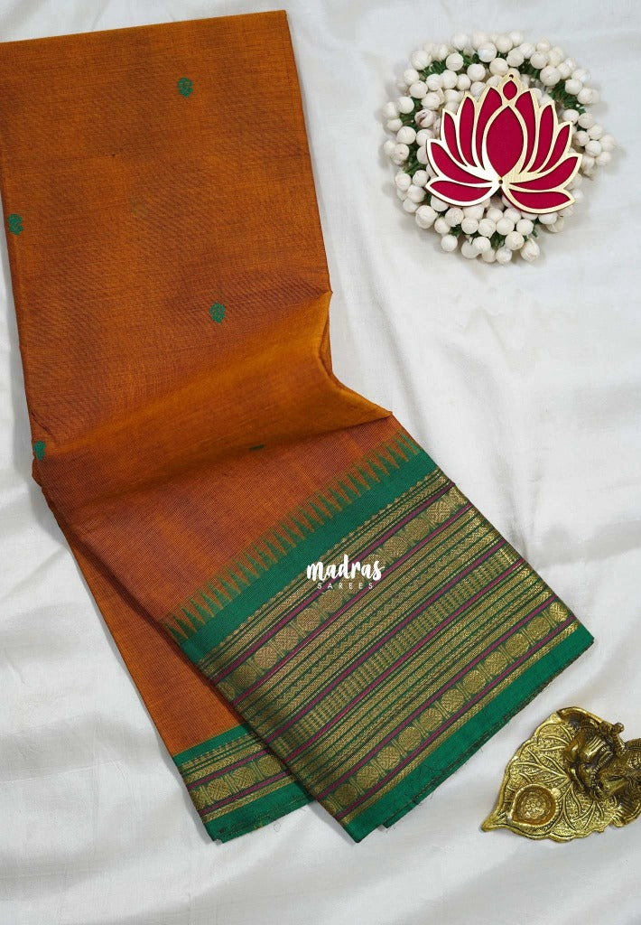 Mustard Orange - Karthigai Silk Cotton Body Multi Rudraksham with Buttas - Best for Temple Visit
