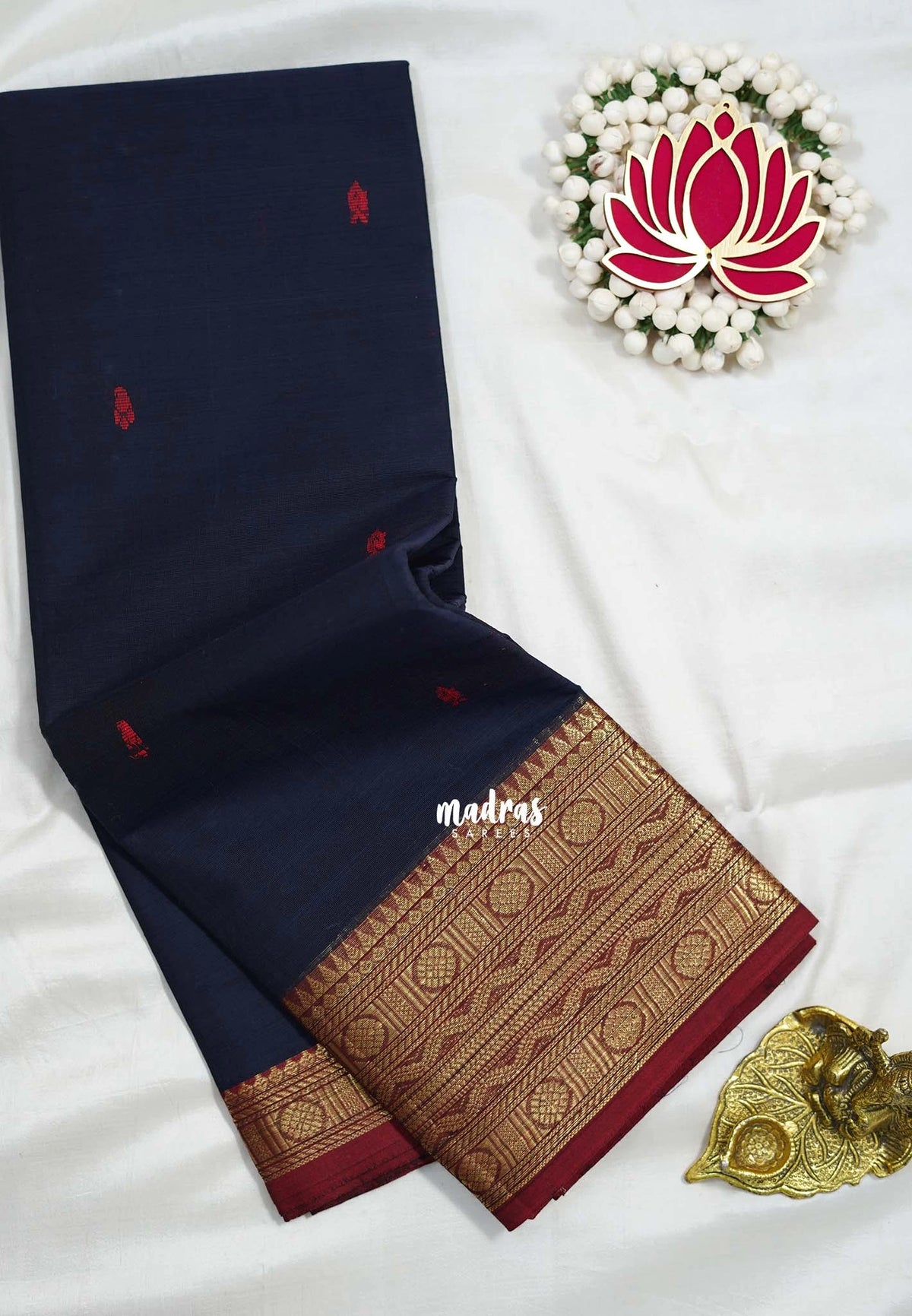 Midnight Blue - Karthigai silk cotton Rudraksham neli big Border with Buttas - Best for Wedding Functions