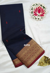 Midnight Blue - Karthigai silk cotton Rudraksham neli big Border with Buttas - Best for Wedding Functions