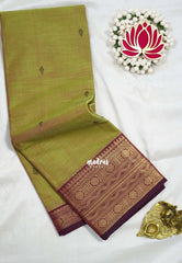 Dual Shade Light Green - Karthigai silk cotton Rudraksham neli big Border with Buttas - Best for Wedding Functions