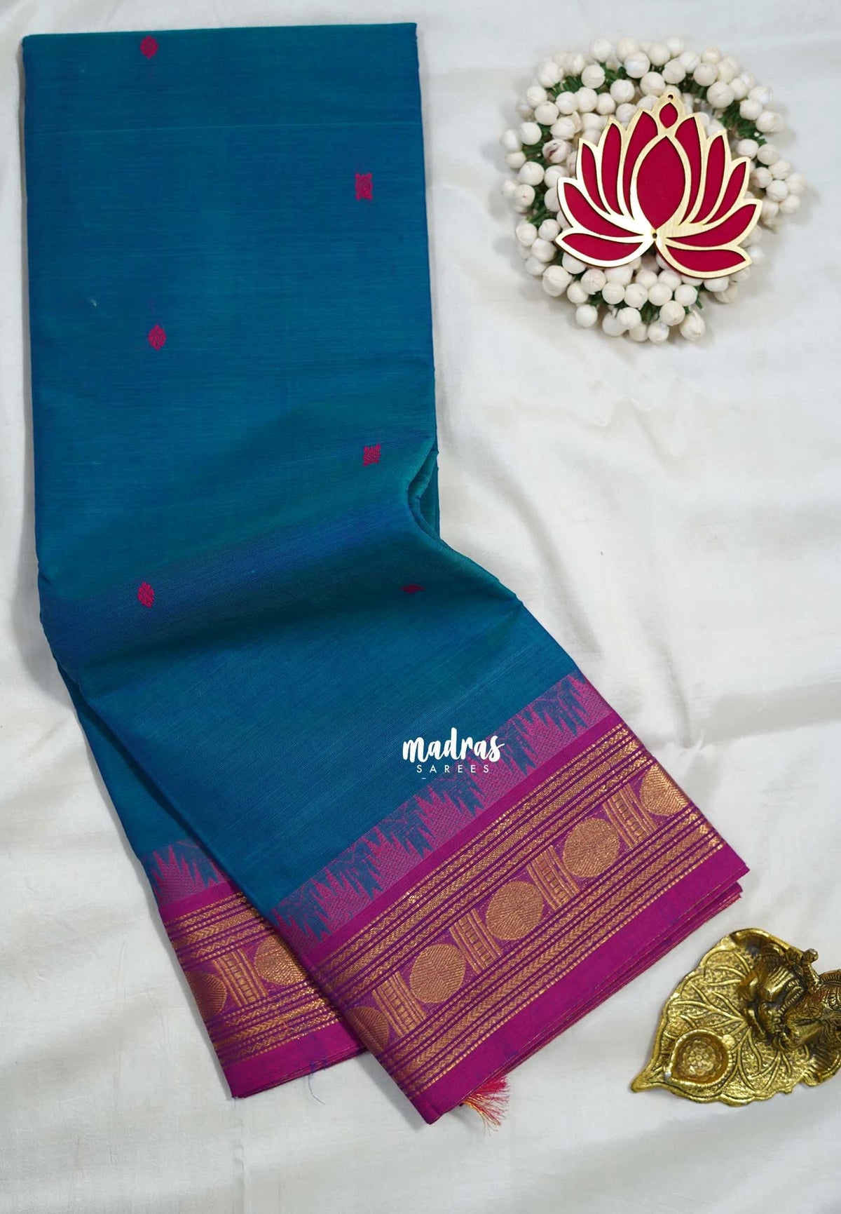 Dark Ananda Blue - Karthigai silk cotton rudraksha with temple weaving border - Best for Wedding Functions