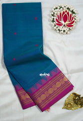Dark Ananda Blue - Karthigai silk cotton rudraksha with temple weaving border - Best for Wedding Functions