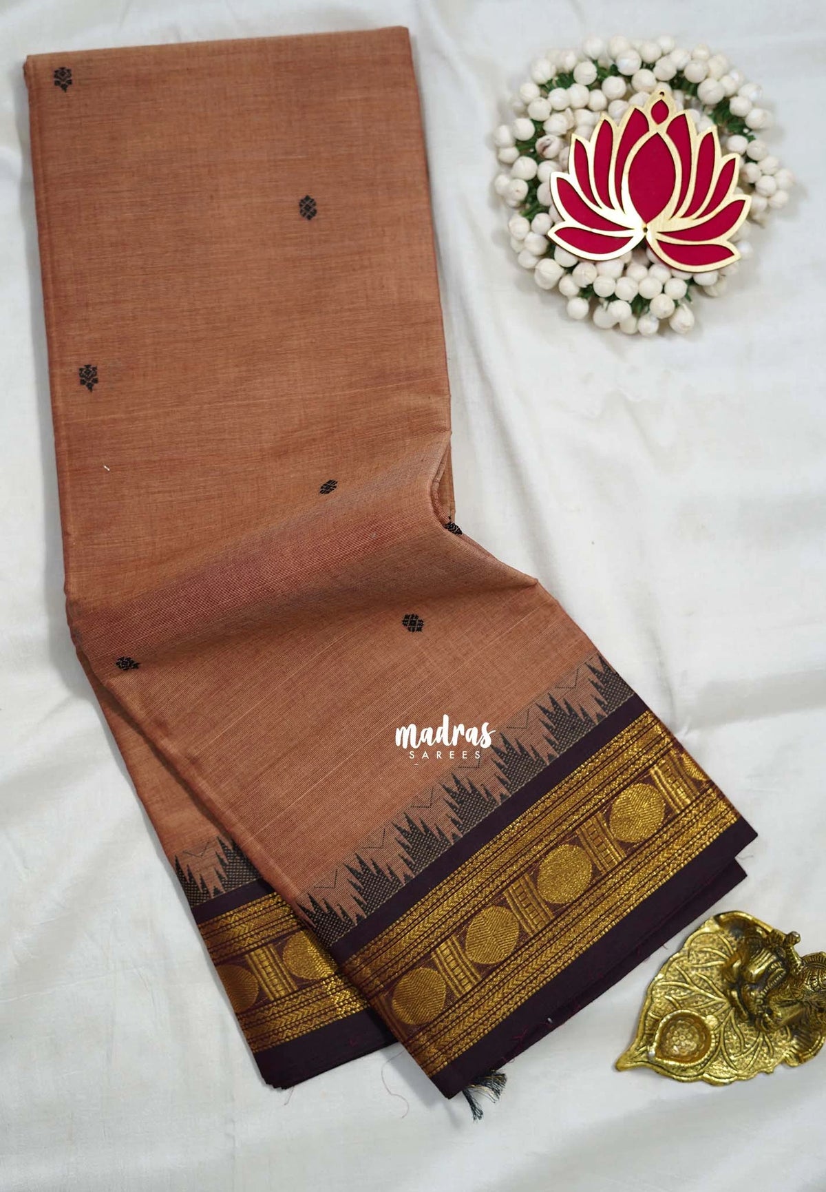 Rust Peach - Karthigai silk cotton rudraksha with temple weaving border - Best for Wedding Functions