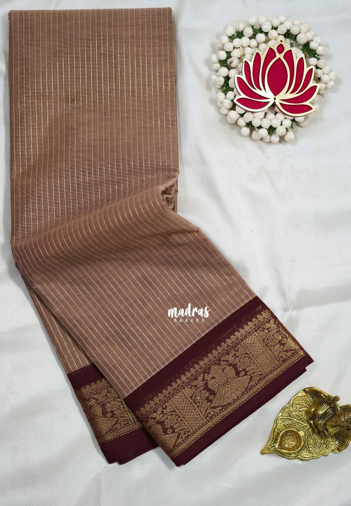 Beige Caramel - Karthigai Silk Cotton saree with Stripes Weaving - Best for Festive Wear