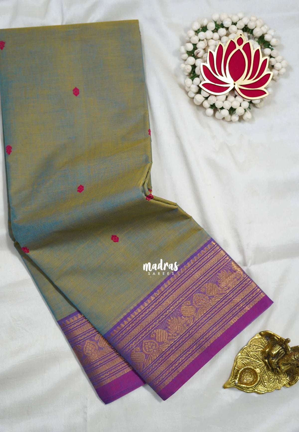 Dual Shage Bluish Green - Karthigai silk cotton temple and mango border with buttas - Best for Wedding Functions