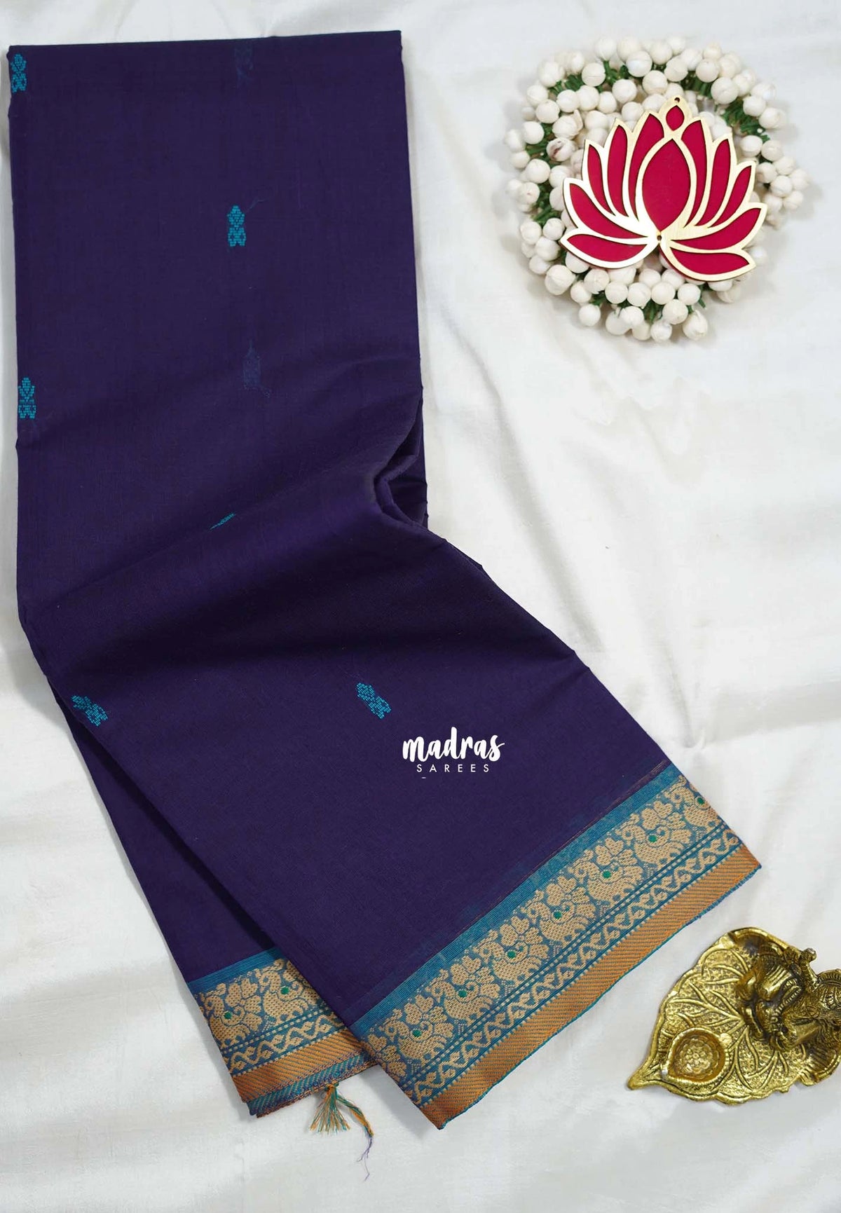 Navy Blue - Karthigai silk cotton small annam thread border - Best for Small Functions | Temple Visit