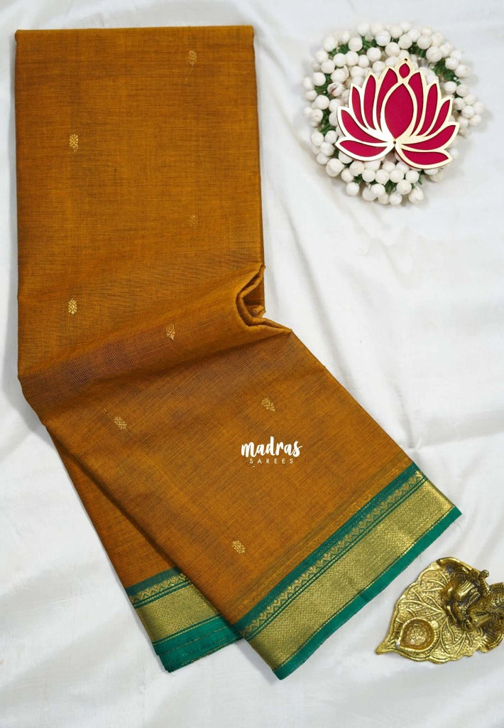 Brown Mustard - Karthigai silk cotton small Bavanji border with Buttas - Best for Small Functions