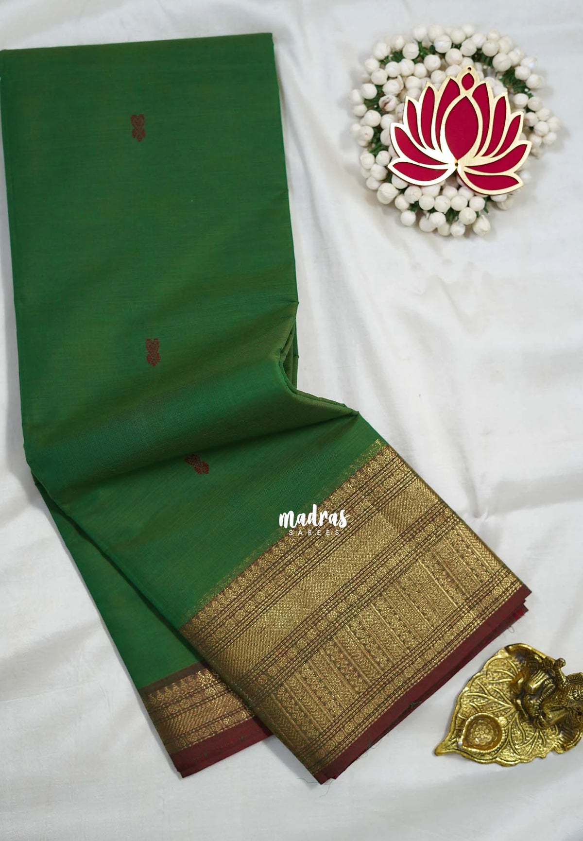 Forest Green - Karthigai silk cotton Getti zari with Stripes in Border and Buttas - Best for Small Functions